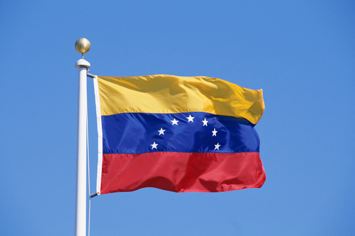 Venezuelan flags against a blue sky