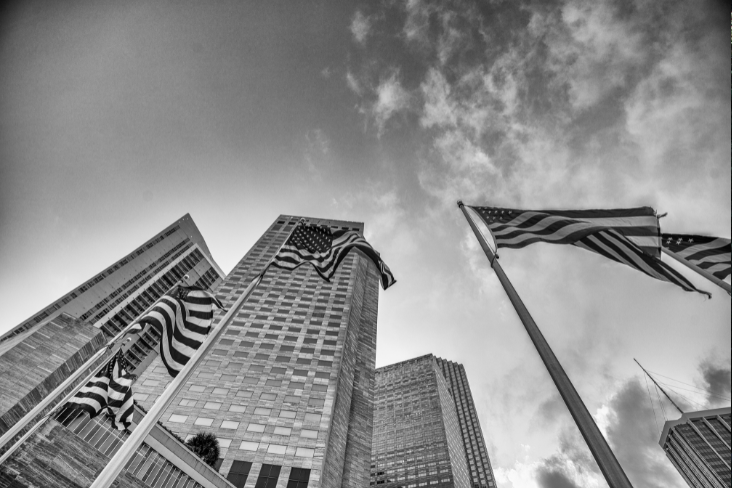 American flags against skyscrapers, black and white